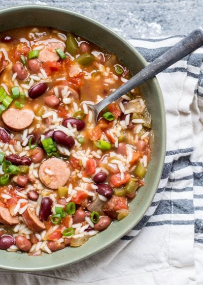 This easy Andouille Sausage with Red Beans and Rice is an easy one pot meal perfect for busy weeknights!  #glutenfree #comfortfood