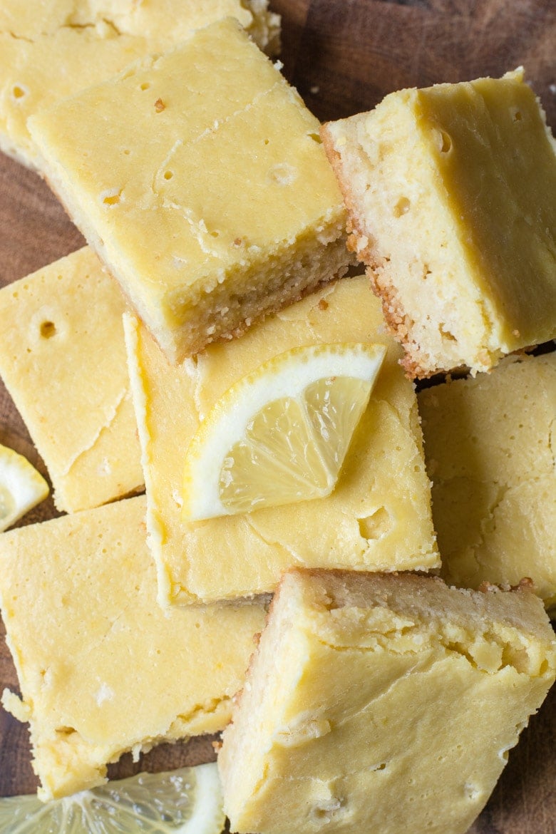 Overhead view of a pile of keto lemon bars. 