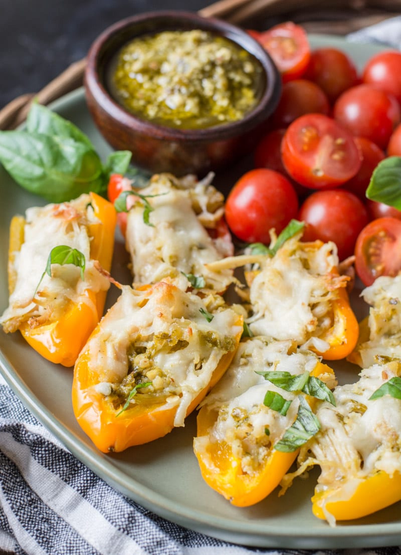 Keto Pesto Chicken Stuffed Sweet Peppers, a simple FOUR ingredient dinner that is healthy and gluten free! #keto