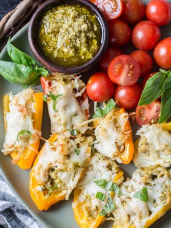 Keto Pesto Chicken Stuffed Sweet Peppers, a simple FOUR ingredient dinner that is healthy and gluten free! #keto