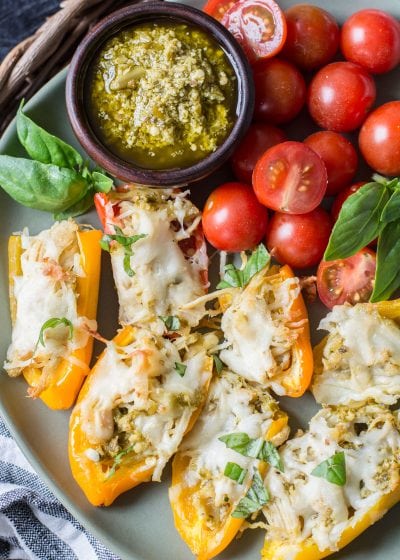 Keto Pesto Chicken Stuffed Sweet Peppers, a simple FOUR ingredient dinner that is healthy and gluten free! #keto