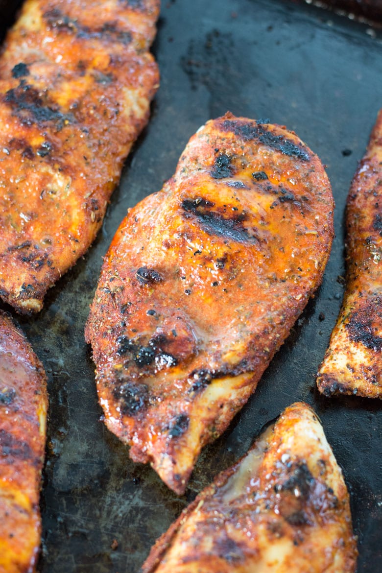close up of cooked blackened cajun chicken breasts