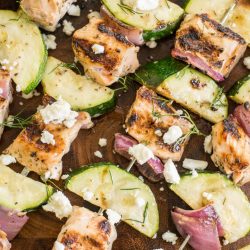 These Grilled Salmon Kabobs with Greek Marinade are loaded with lemon and garlic flavor! This shop has been compensated by Collective Bias, Inc. and its advertiser. All opinions are mine alone. #MarinadesWithMazola #MakeItWithHeart #CollectiveBias #ad