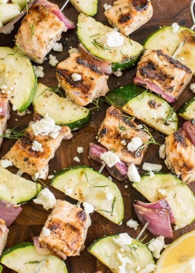 These Grilled Salmon Kabobs with Greek Marinade are loaded with lemon and garlic flavor! This shop has been compensated by Collective Bias, Inc. and its advertiser. All opinions are mine alone. #MarinadesWithMazola #MakeItWithHeart #CollectiveBias #ad