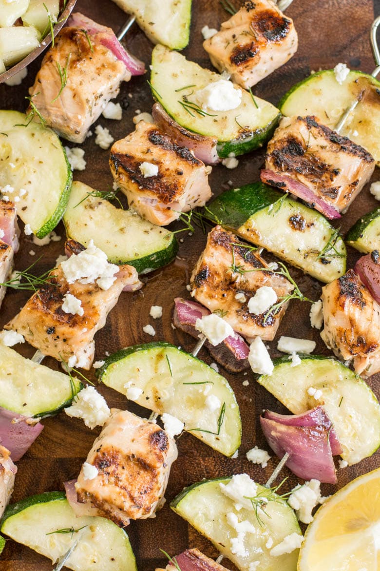 These Grilled Salmon Kabobs with Greek Marinade are loaded with lemon and garlic flavor! This shop has been compensated by Collective Bias, Inc. and its advertiser. All opinions are mine alone. #MarinadesWithMazola #MakeItWithHeart #CollectiveBias #ad