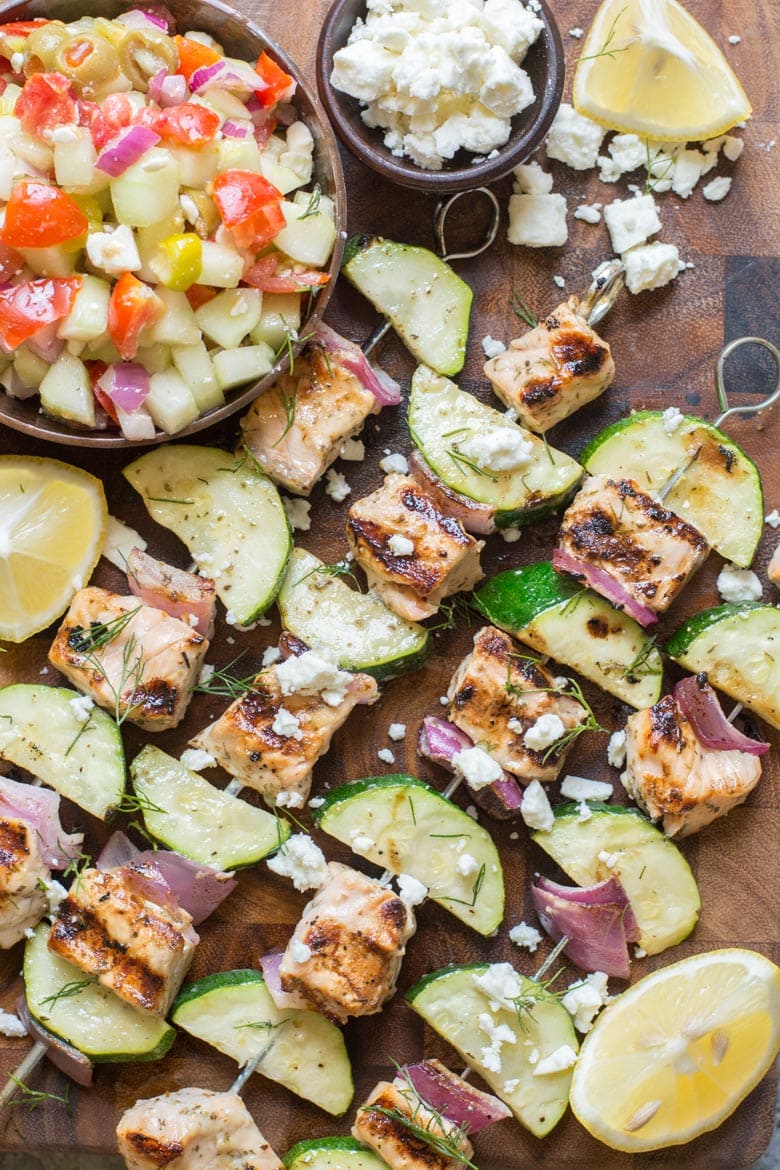 These Grilled Salmon Kabobs with Greek Marinade are loaded with lemon and garlic flavor! This shop has been compensated by Collective Bias, Inc. and its advertiser. All opinions are mine alone. #MarinadesWithMazola #MakeItWithHeart #CollectiveBias #ad