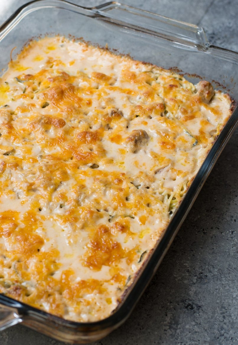 keto tuna casserole in a large glass baking dish 