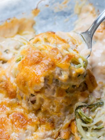 This Keto Tuna Zoodle Casserole is the perfect low carb comfort food! This dish is only 3.4 net carbs and packed with zucchini noodles, a creamy cheese sauce and chunks of tuna. #keto