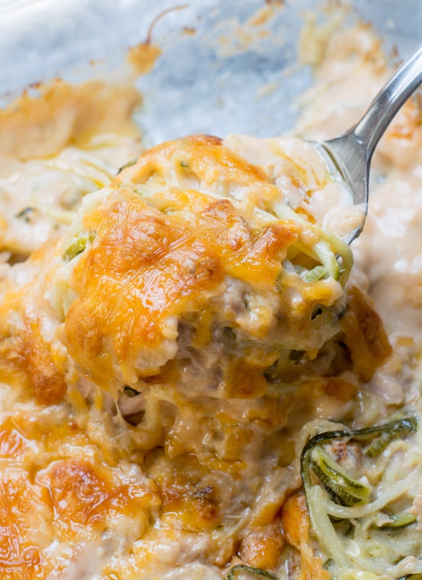 low carb tuna casserole being spooned out of the baking dish