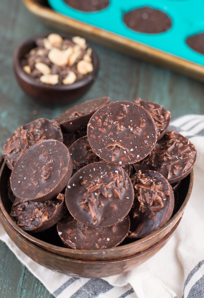 bowl of low carb no bake cookies on a tea towel 