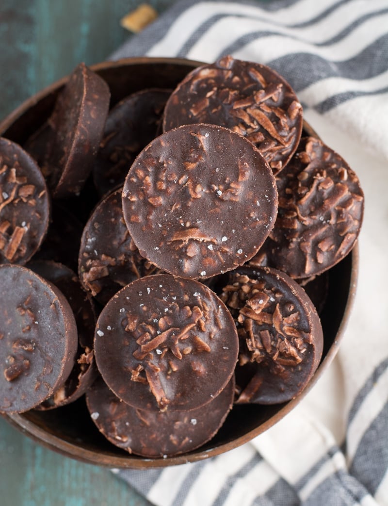 bowl of no bake keto cookies on a tea towel