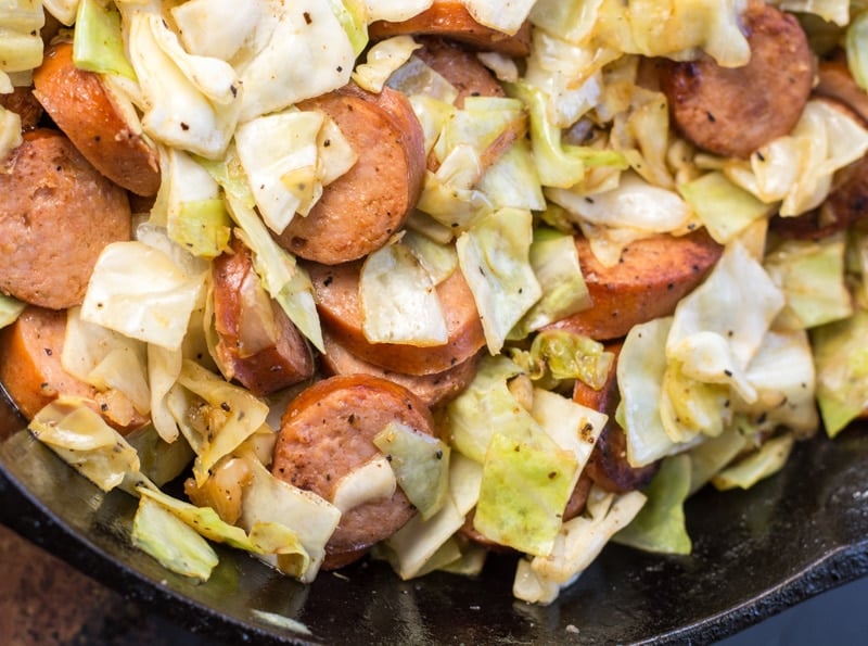 close up of a sausage and cabbage skillet
