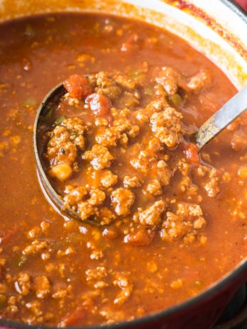 big ladle filled with keto chili