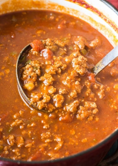 big ladle filled with keto chili