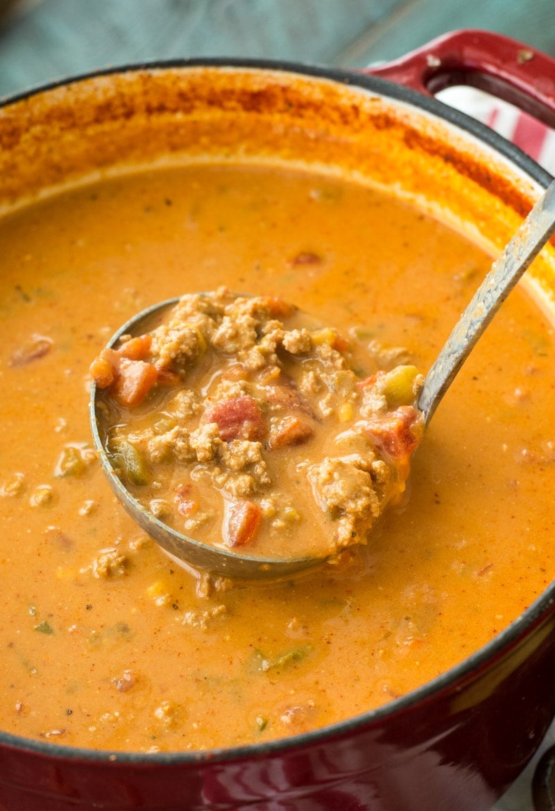 A large pot of ground beef taco soup. 