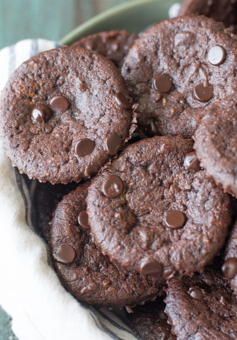 overhead view of keto chocolate chip muffins in a bowl 