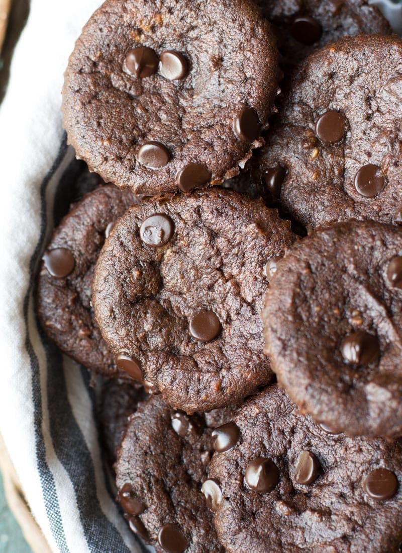 overhead view of almond flour chocolate chip muffins in a bowl 