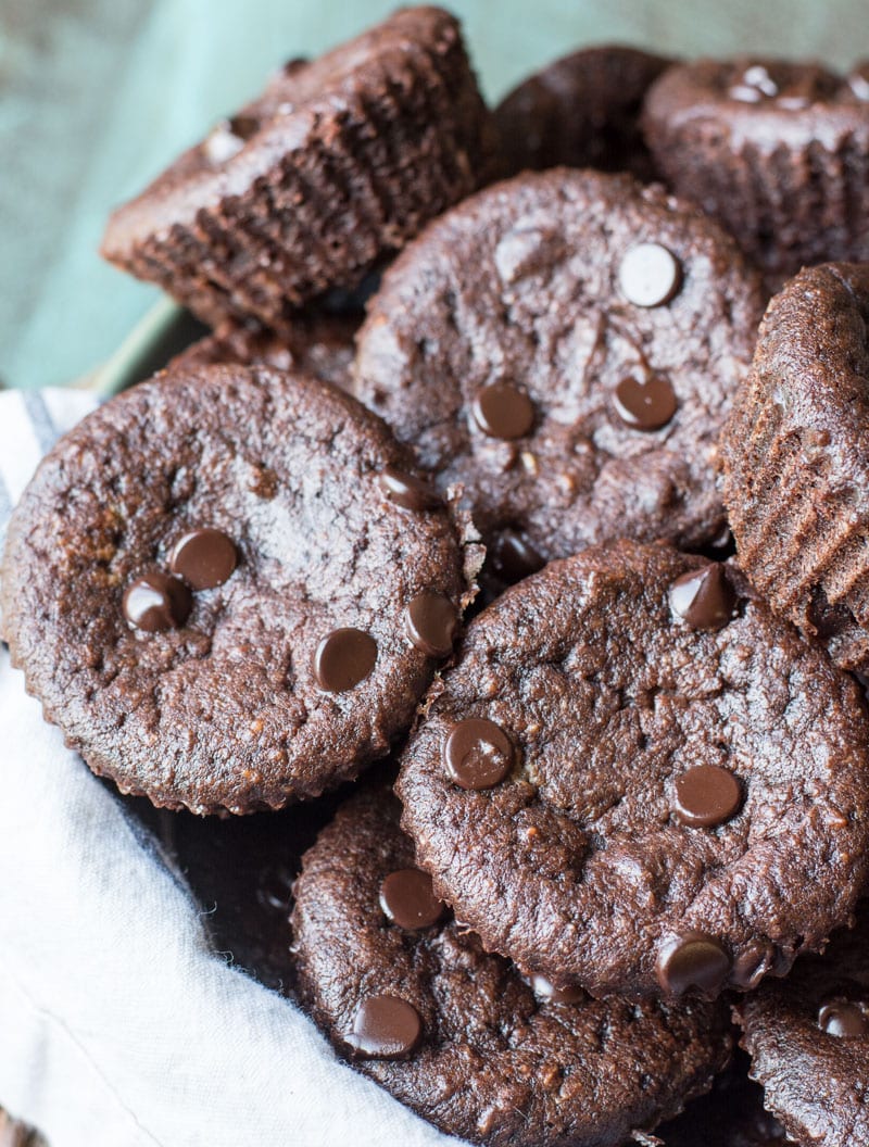 overhead view of keto chocolate chip muffins in a bowl 