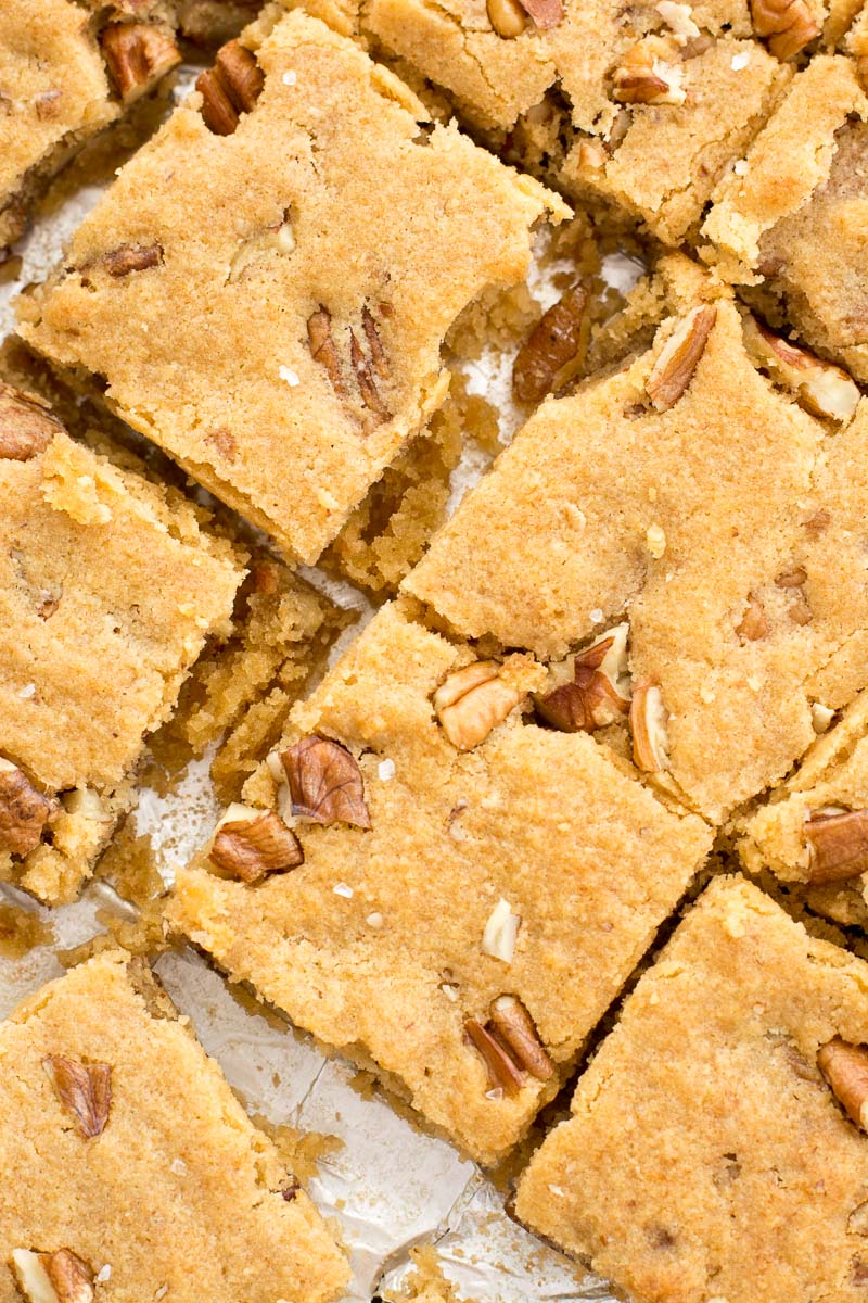 Overhead view of sliced keto blondies. 