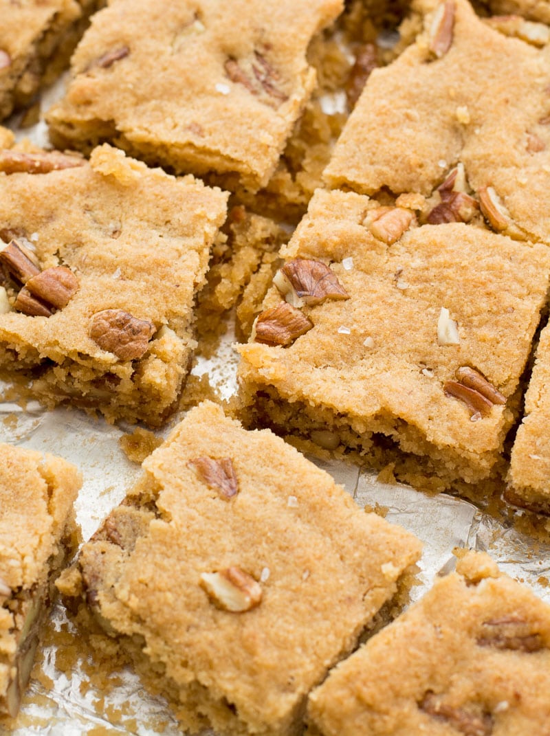 keto blondies that have been cut into squares. 