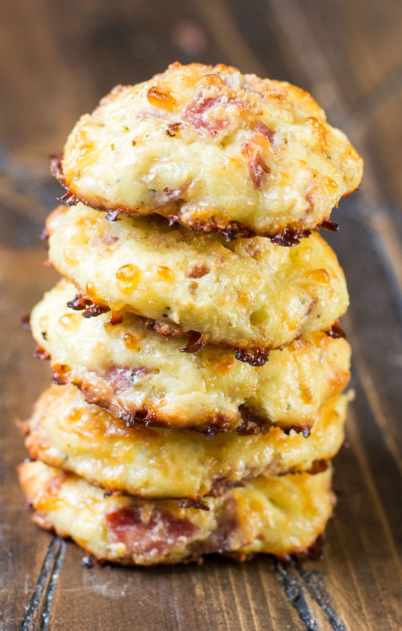 A stack of five keto pepperoni pizza bites, viewed from the side. 