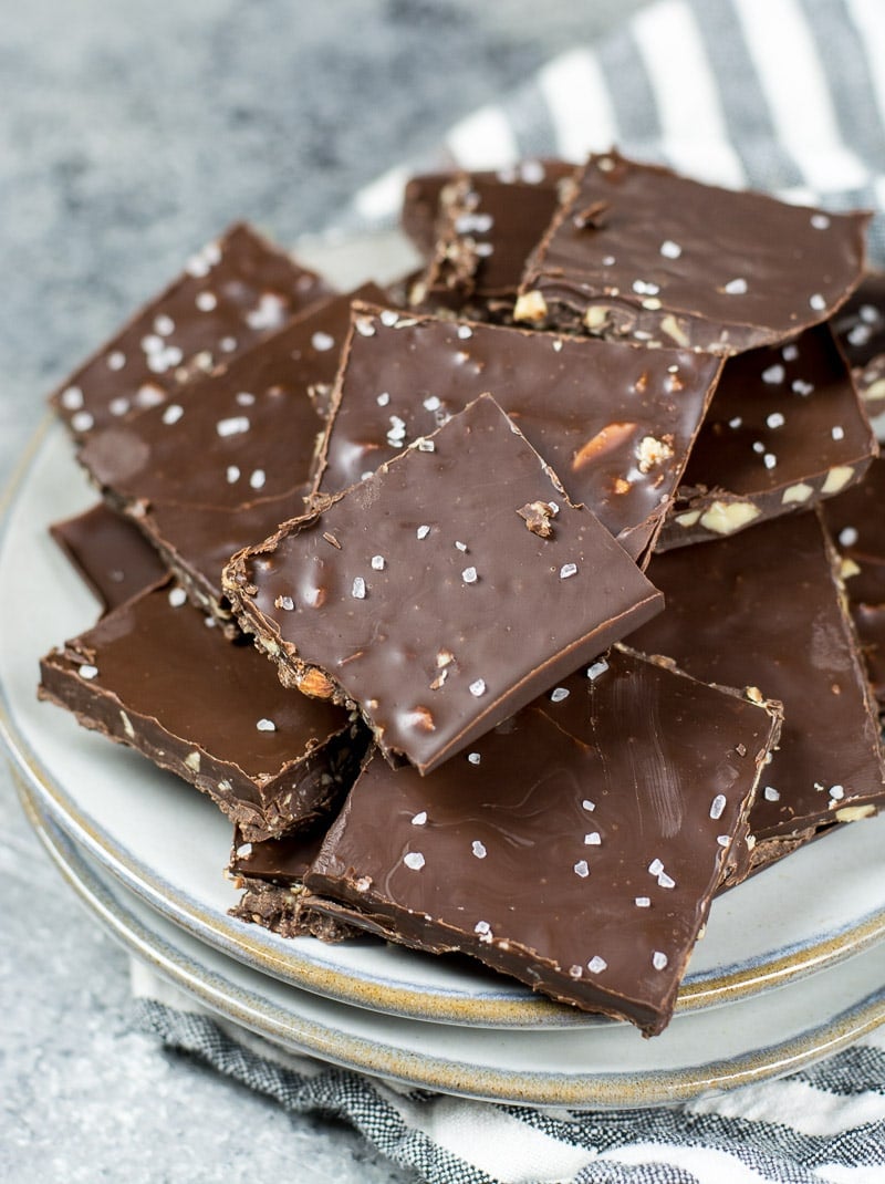 pile of keto bark on a white plates 