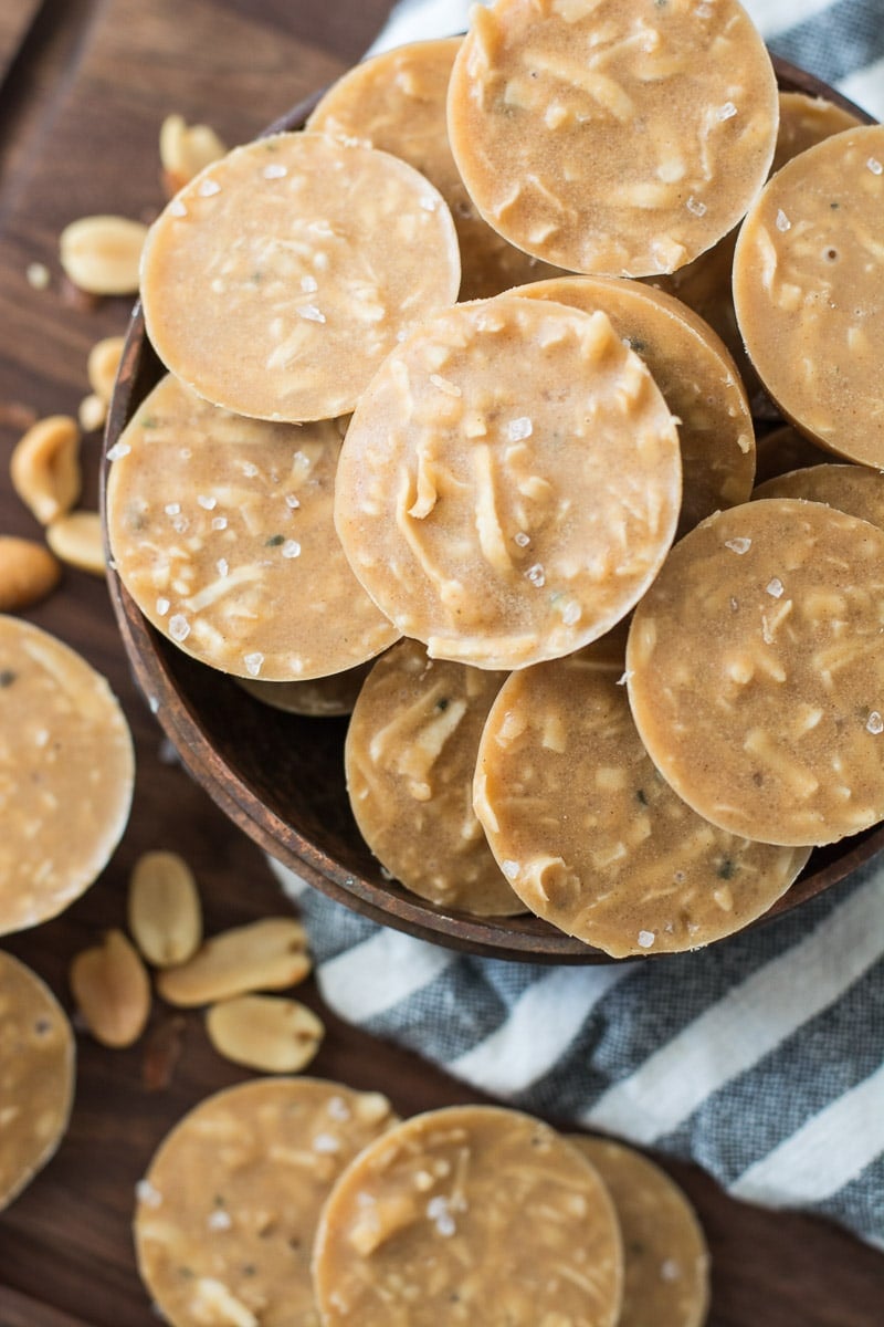 overhead view of healthy no bake cookies in a wood bowl 