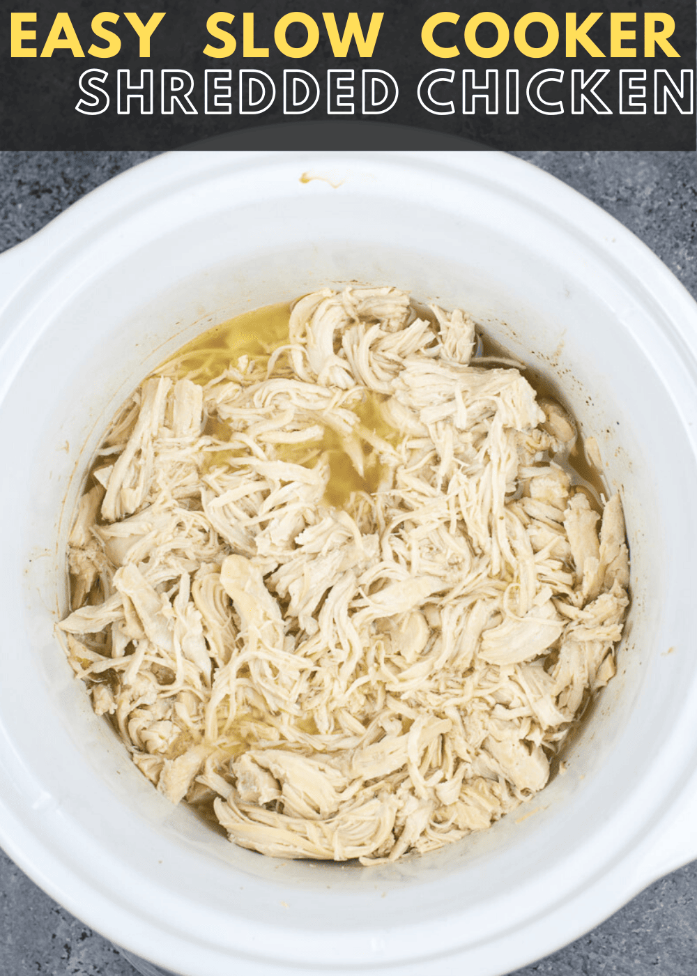 Overhead view of slow cooker shredded chicken in a slow cooker insert. 