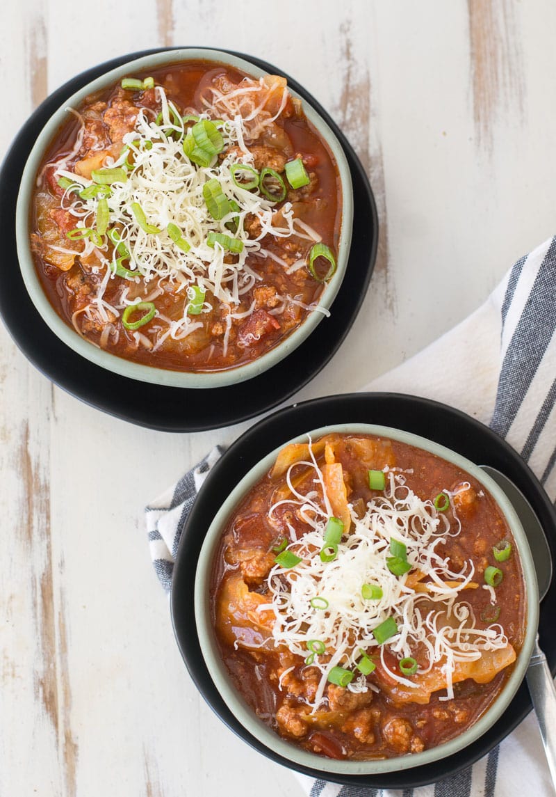 overhead view of two bowls of keto cabbage roll soup