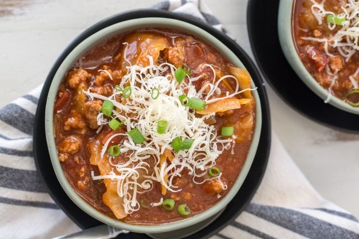 This Slow Cooker Cabbage Roll Soup is the perfect easy keto soup! At just under 6 net carbs and packed with meat and vegetables this is a low carb soup you'll enjoy all season long! #keto