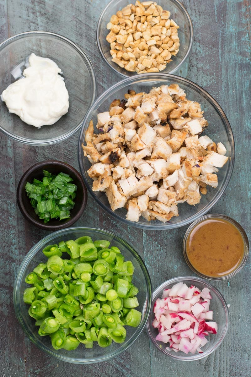 This easy Chopped Thai Chicken Salad is loaded with chopped chicken, crisp vegetables and sweet and spicy peanut sauce! At 3 net carbs per serving this is the perfect easy low carb lunch!