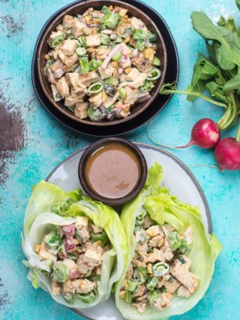 This easy Chopped Thai Chicken Salad is loaded with chopped chicken, crisp vegetables and sweet and spicy peanut sauce! At 3 net carbs per serving this is the perfect easy low carb lunch!