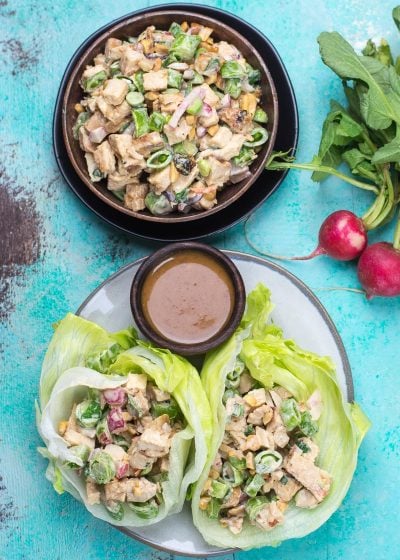 This easy Chopped Thai Chicken Salad is loaded with chopped chicken, crisp vegetables and sweet and spicy peanut sauce! At 3 net carbs per serving this is the perfect easy low carb lunch!