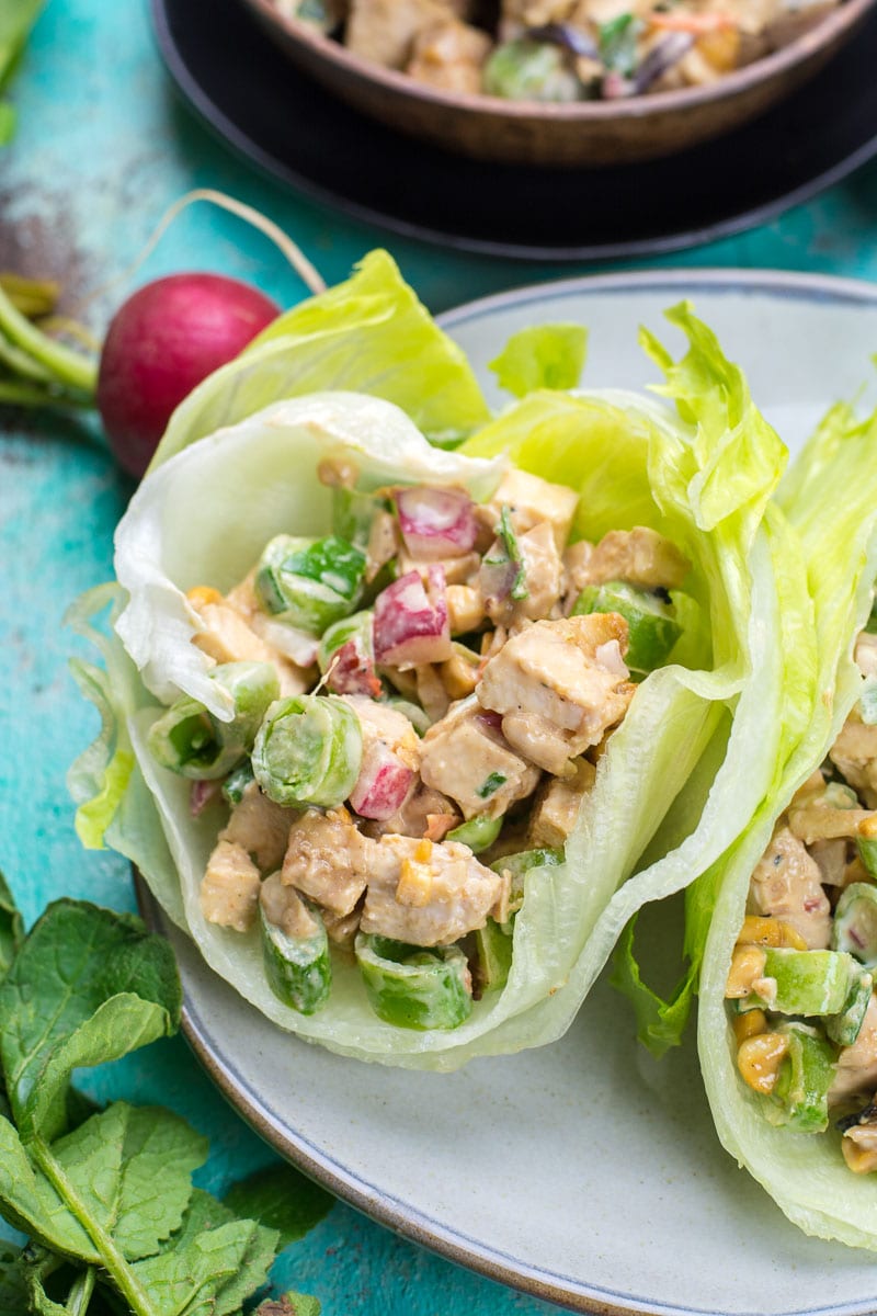 This easy Chopped Thai Chicken Salad is loaded with chopped chicken, crisp vegetables and sweet and spicy peanut sauce! At 3 net carbs per serving this is the perfect easy low carb lunch!