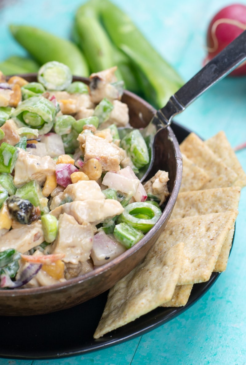 This easy Chopped Thai Chicken Salad is loaded with chopped chicken, crisp vegetables and sweet and spicy peanut sauce! At 3 net carbs per serving this is the perfect easy low carb lunch!