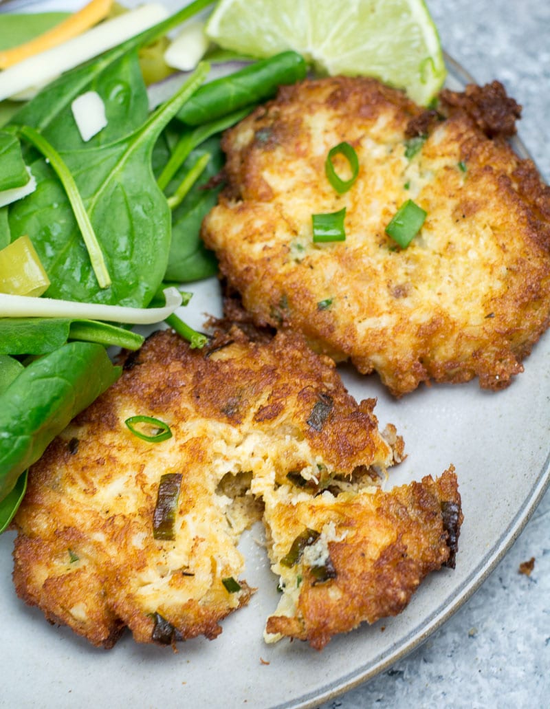 two keto crab cakes on a plate