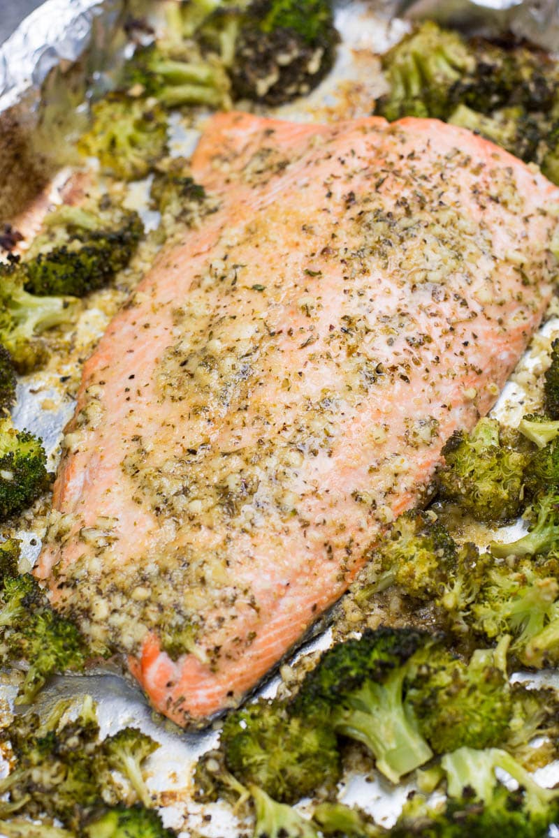 Keto salmon and broccoli on a sheet pan. 