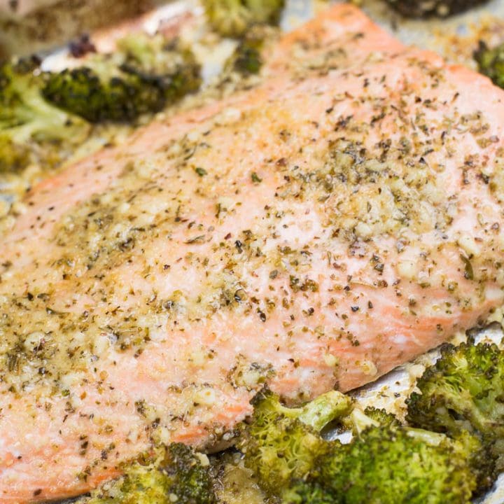 This easy Keto Garlic Butter Salmon and Broccoli Sheet Pan Dinner  is ready in 20 minutes. Packed with heart healthy fat and flavor this dish only has 5 net carbs per serving!