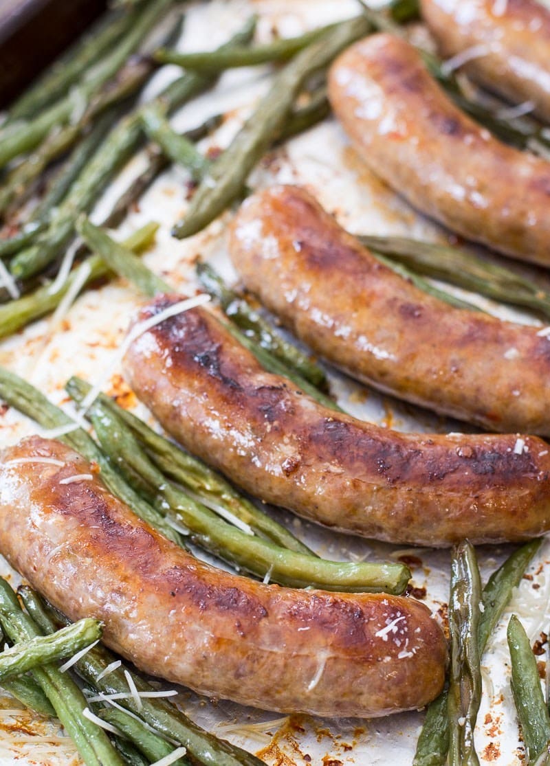 This Sausage and Green Bean Sheet Pan Dinner is ready in 30 minutes, requires no prep and is less than 6 net carbs per serving! This will be your new favorite easy keto dinner recipe!