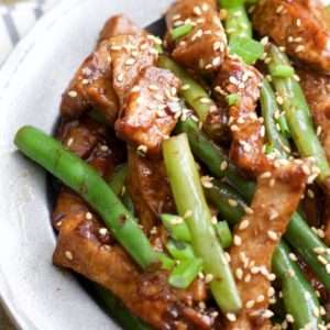One Pan Keto Sesame Pork and Green Beans has just 4.5 net carbs per serving and is loaded with tangy Asian flavor!