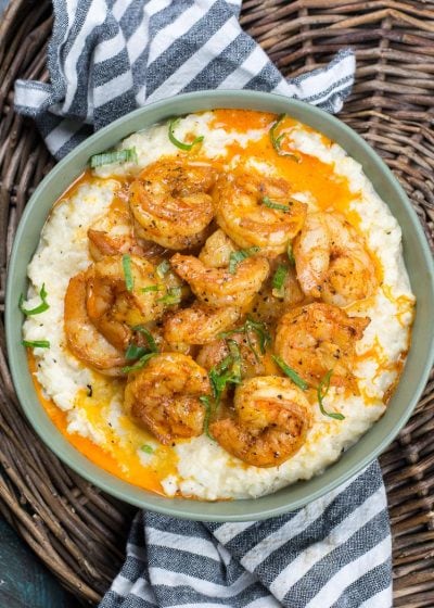 This cheesy Keto Shrimp and Grits recipe is the ultimate low carb comfort food! At under 5 net carbs per serving this will be a new favorite!