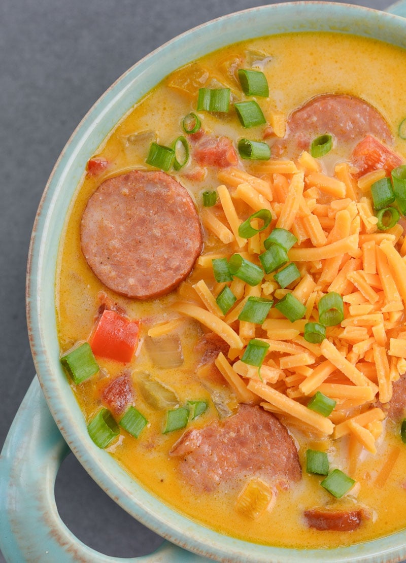 This Cheesy Smoked Sausage Soup is loaded with spicy sausage, tender vegetables in a creamy, cheesy sauce! At less than 7 net carbs per serving this is a great low carb, keto-friendly soup!