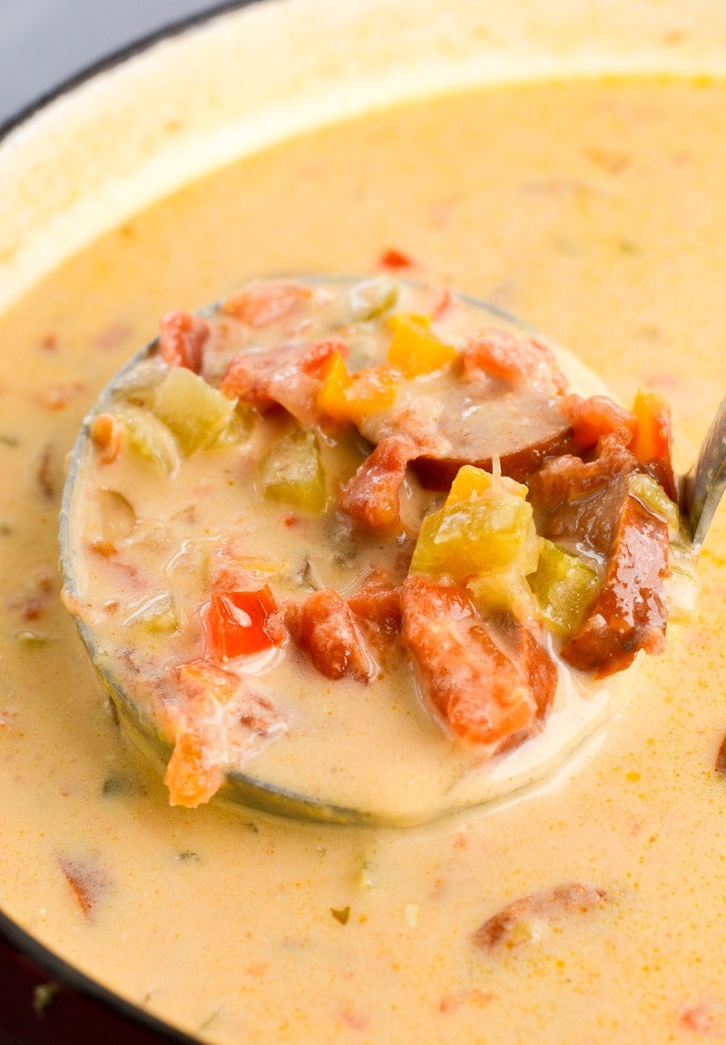 This Cheesy Smoked Sausage Soup is loaded with spicy sausage, tender vegetables in a creamy, cheesy sauce! At less than 7 net carbs per serving this is a great low carb, keto-friendly soup!