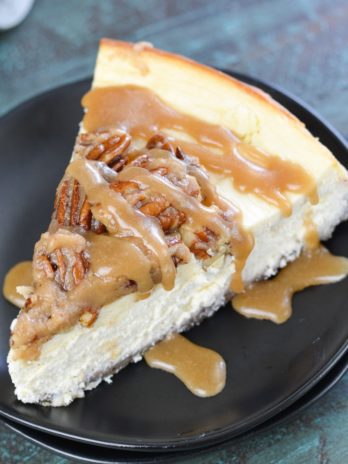 This rich Keto Butter Pecan Cheesecake is an incredibly decadent low carb dessert! With a delicious pecan crust, creamy cheesecake, keto caramel sauce and roasted pecans, you would never guess this is just 3.5 net carbs per slice!