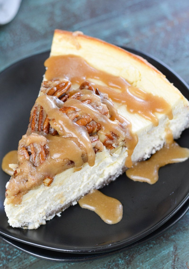 This rich Keto Butter Pecan Cheesecake is an incredibly decadent low carb dessert! With a delicious pecan crust, creamy cheesecake, keto caramel sauce and roasted pecans, you would never guess this is just 3.5 net carbs per slice!