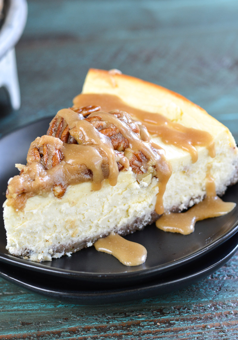 This rich Keto Butter Pecan Cheesecake is an incredibly decadent low carb dessert! With a delicious pecan crust, creamy cheesecake, keto caramel sauce and roasted pecans, you would never guess this is just 3.5 net carbs per slice!