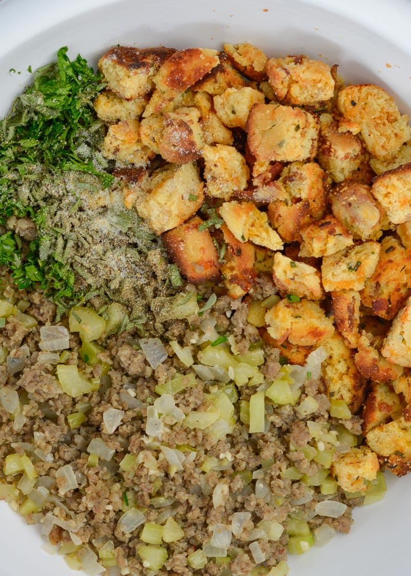 This Easy Keto Sausage Stuffing is loaded with flavor, naturally gluten free, and has about 5 net carbs per serving! This low carb side dish is perfect for all of your holiday gatherings! 
