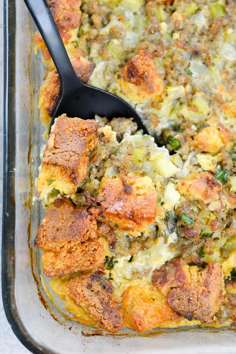 This Easy Keto Sausage Stuffing is loaded with flavor, naturally gluten free, and has about 5 net carbs per serving! This low carb side dish is perfect for all of your holiday gatherings! 