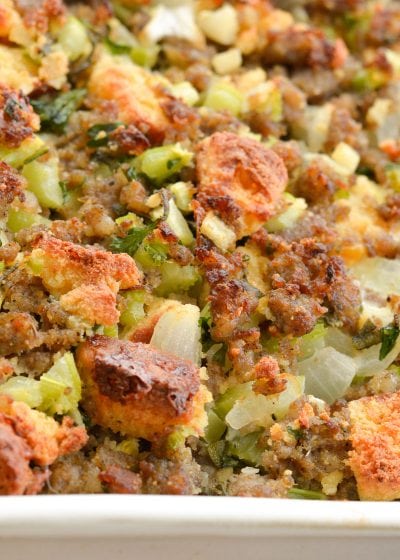 This Easy Keto Sausage Stuffing is loaded with flavor, naturally gluten free, and has about 5 net carbs per serving! This low carb side dish is perfect for all of your holiday gatherings! 