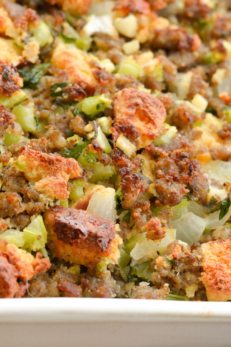 This Easy Keto Sausage Stuffing is loaded with flavor, naturally gluten free, and has about 5 net carbs per serving! This low carb side dish is perfect for all of your holiday gatherings! 